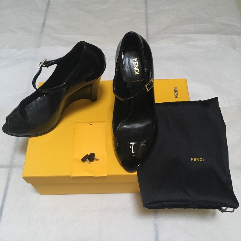 Fendi Black Patent Mary-Jane Peep-Toe Wedge Pumps